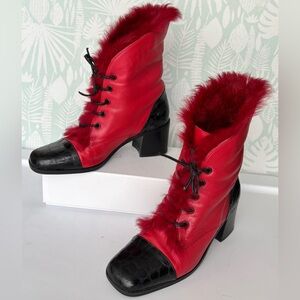 Emmedieci Leather Red Booties Victorian Style w/ Rabbit Hair Lining EU 38 US 7.5